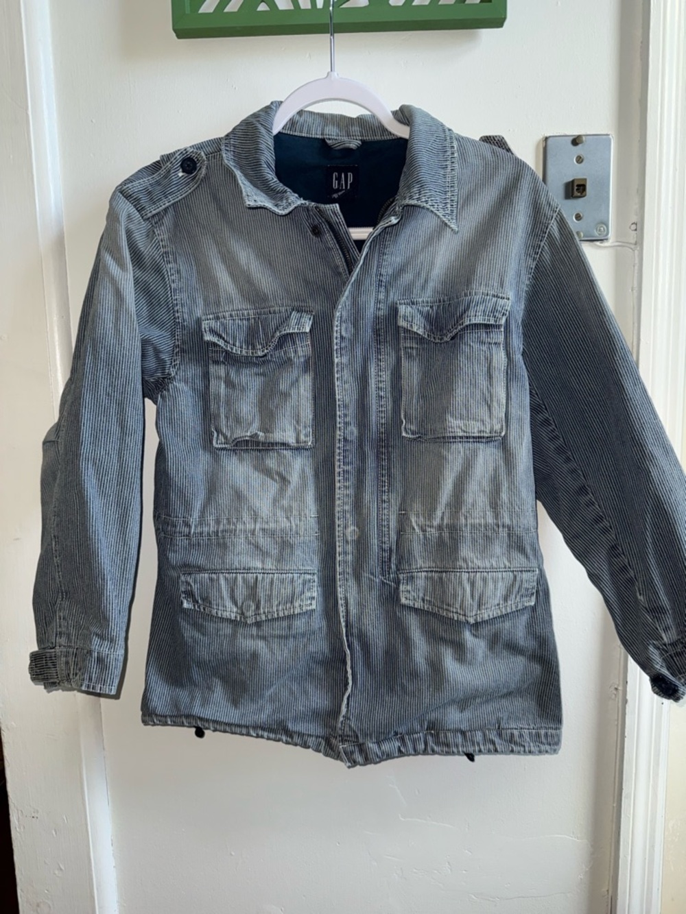 Gap Kids Hickory Stripe Denim Utility Field Jacket Blue White XL 12